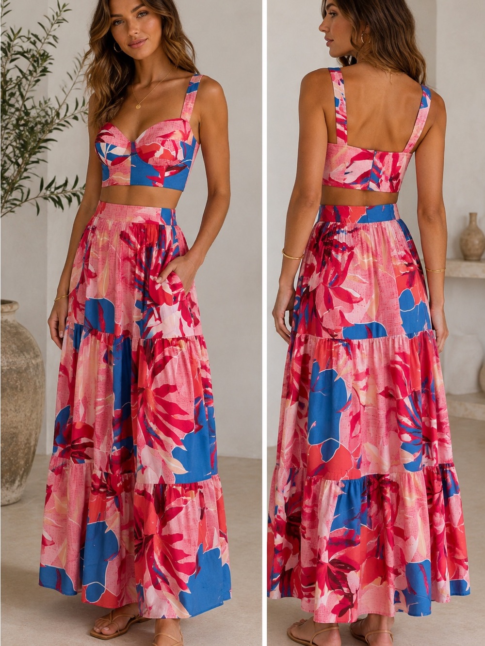 Floral Tiered Maxi Skirt and Top- Pink & Blue